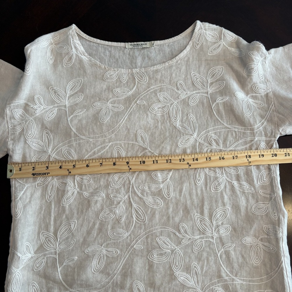 100% Linen Floral Embroidered Flutter Sleeve Top Beige S Lagenlook Artsy Coastal - Picture 8 of 9
